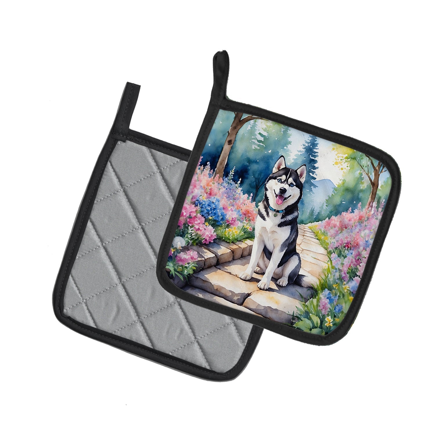 Siberian Husky Spring Path Pot Holder Set of 2 Heat Resistant Quilted Hot Pads 7.5 x 7.5 Inch, Insulated Kitchen Trivets for Cooking & Baking