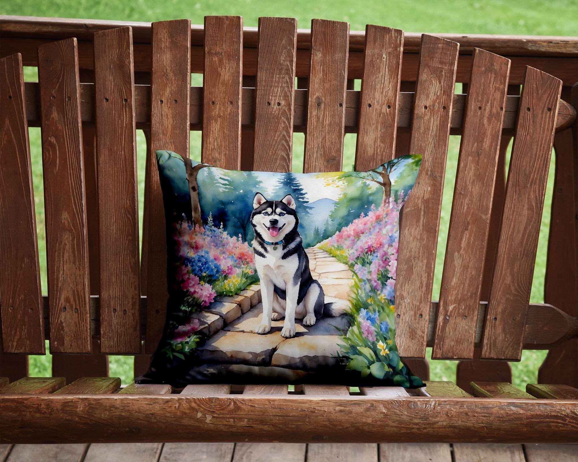 Siberian Husky Spring Path Decorative Throw Pillow 14x14 Indoor Outdoor Accent Cushion, Fabric Cover with Insert for Sofa, Bed, Porch & Living Room
