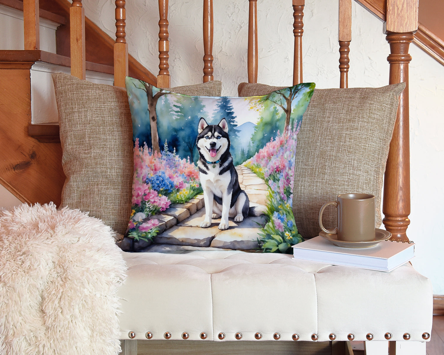 Siberian Husky Spring Path Decorative Throw Pillow 14x14 Indoor Outdoor Accent Cushion, Fabric Cover with Insert for Sofa, Bed, Porch & Living Room