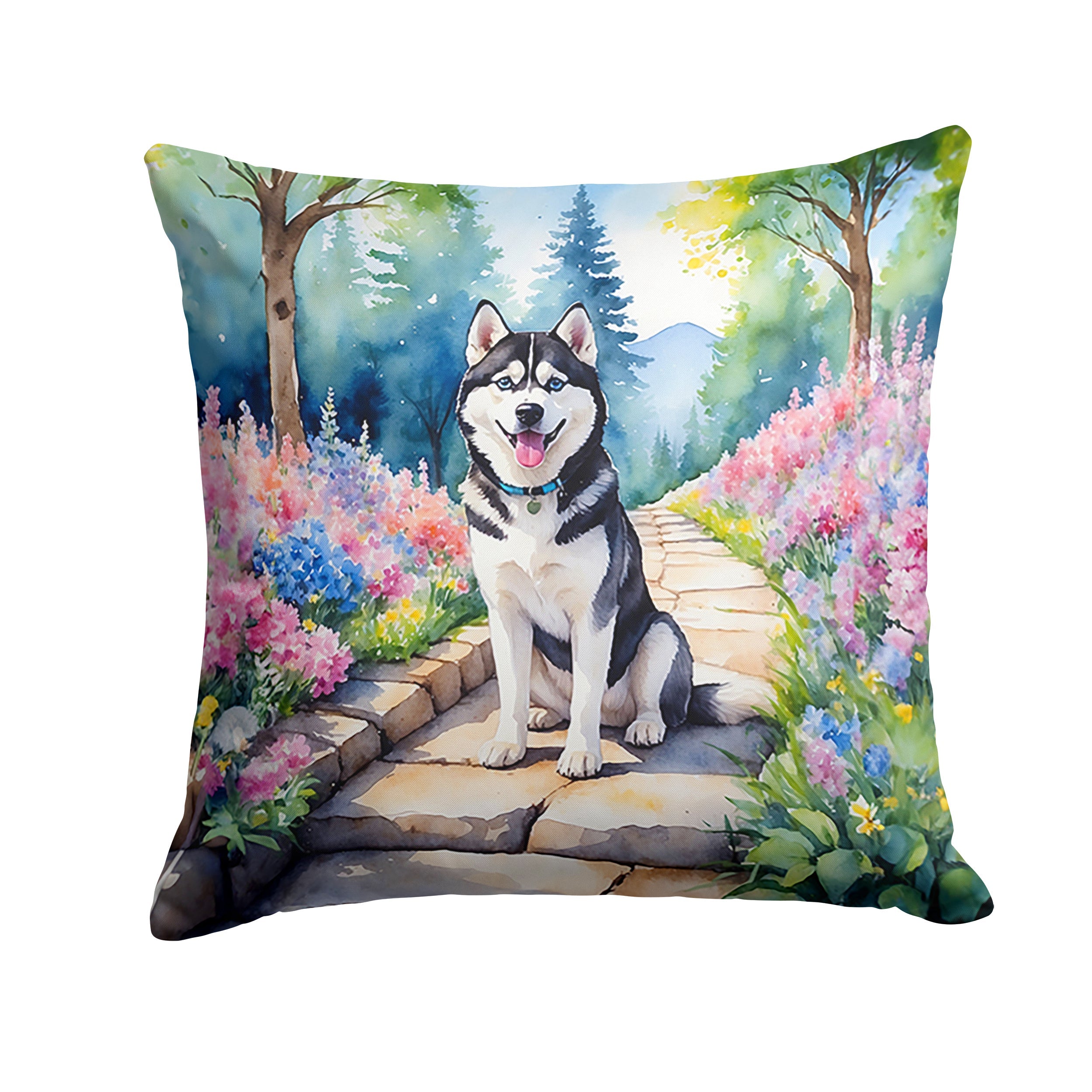 Siberian Husky Spring Path Decorative Throw Pillow 14x14 Indoor Outdoor Accent Cushion, Fabric Cover with Insert for Sofa, Bed, Porch & Living Room