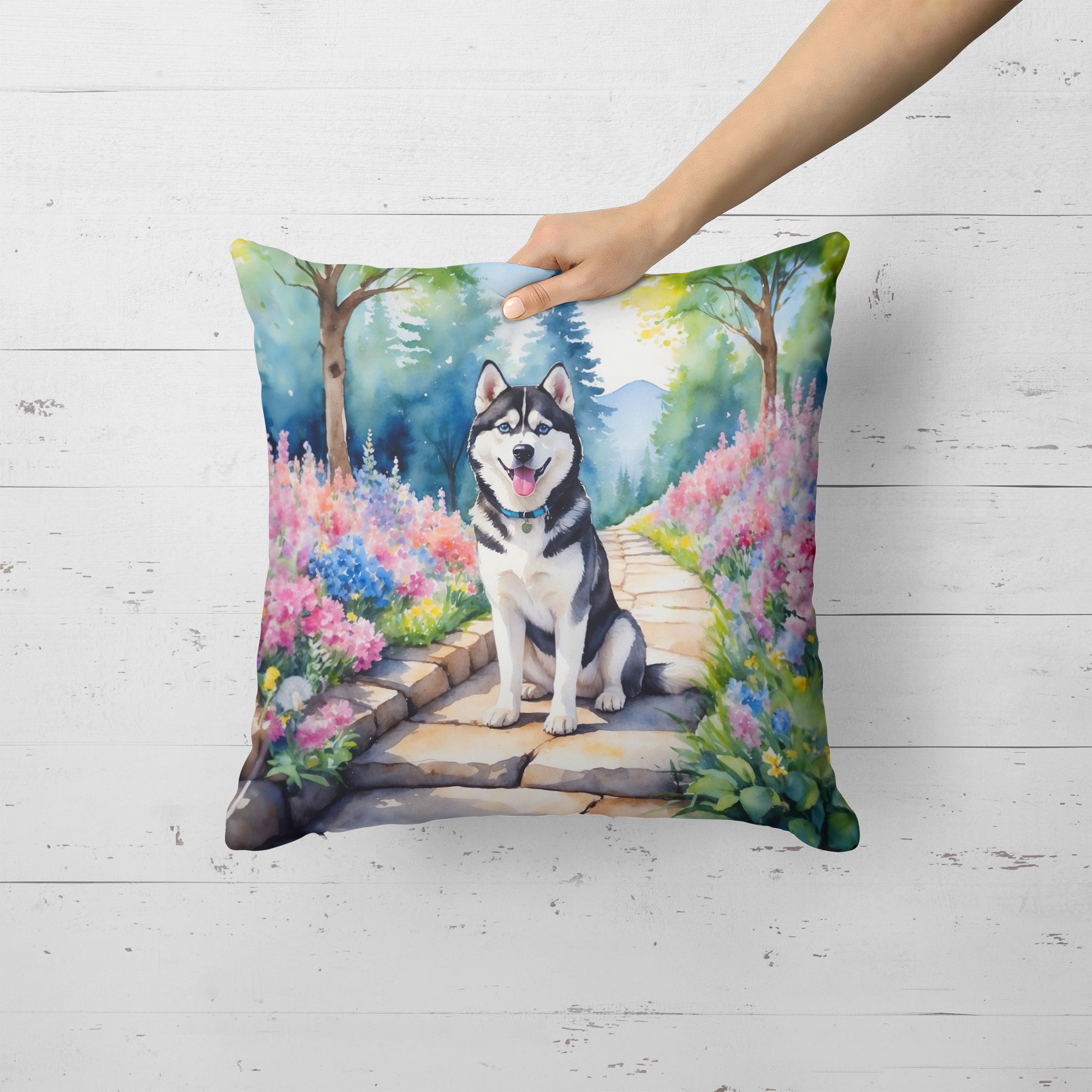 Siberian Husky Spring Path Decorative Throw Pillow 18x18 Indoor Outdoor Accent Cushion, Fabric Cover with Insert for Sofa, Bed, Porch & Living Room