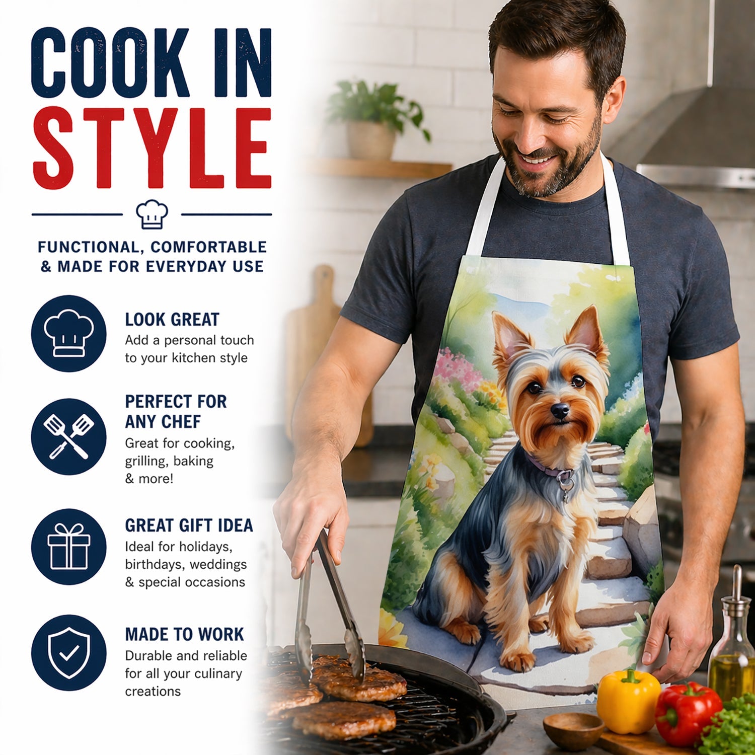 Silky Terrier Spring Path Apron Cooking Kitchen Server Baking Crafts Gardening for Adult Women Men, Unisex, Large, Multicolor