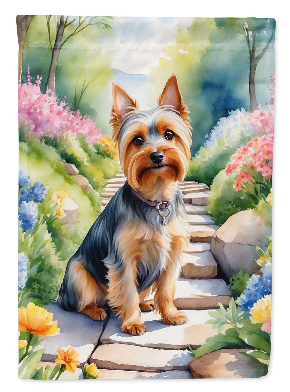 Silky Terrier Spring Path House Flag 28x40 Porch Sleeve Pole Decorative Outside Yard Banner Artwork Wall Hanging, Polyester