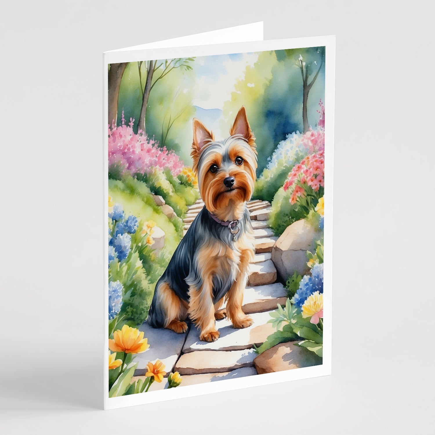 Silky Terrier Spring Path Greeting Cards Pack of 8 Blank Cards with Envelopes Whimsical A7 Size 5x7