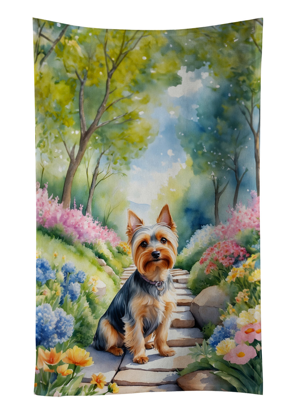Silky Terrier Spring Path Kitchen Towel Velour Plush Front and Cotton Loop Back Machine Washable