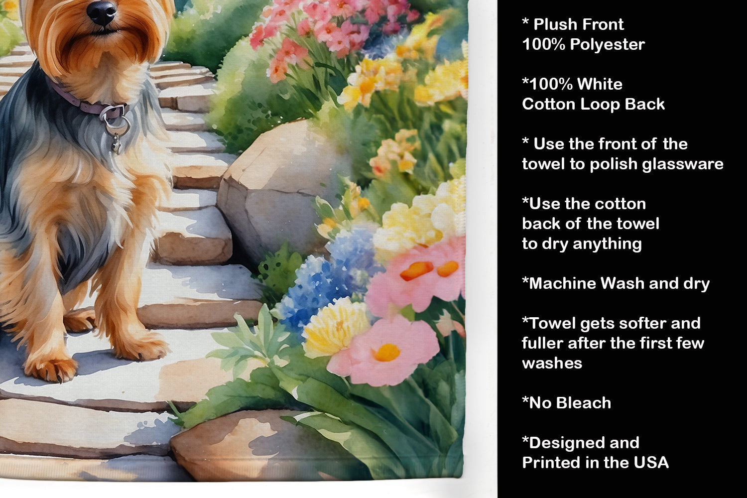 Silky Terrier Spring Path Kitchen Towel Velour Plush Front and Cotton Loop Back Machine Washable