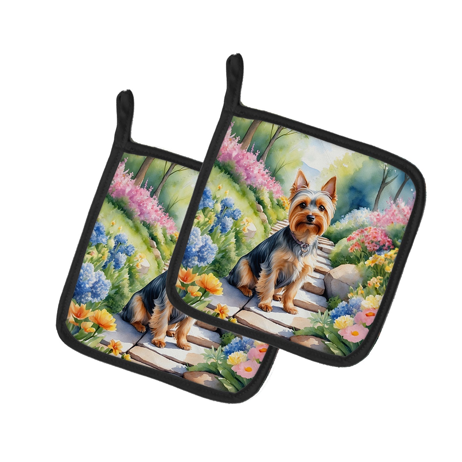 Silky Terrier Spring Path Pot Holder Set of 2 Heat Resistant Quilted Hot Pads 7.5 x 7.5 Inch, Insulated Kitchen Trivets for Cooking & Baking