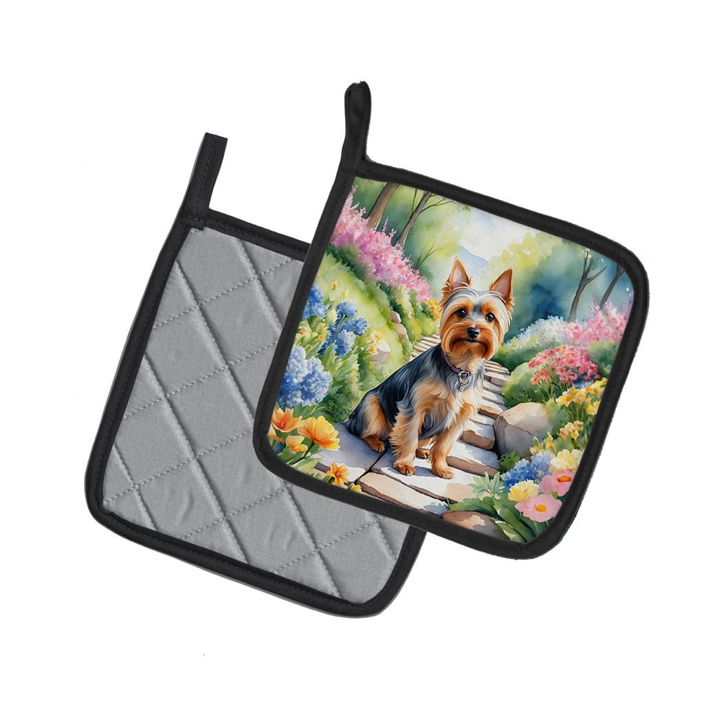 Silky Terrier Spring Path Pot Holder Set of 2 Heat Resistant Quilted Hot Pads 7.5 x 7.5 Inch, Insulated Kitchen Trivets for Cooking & Baking