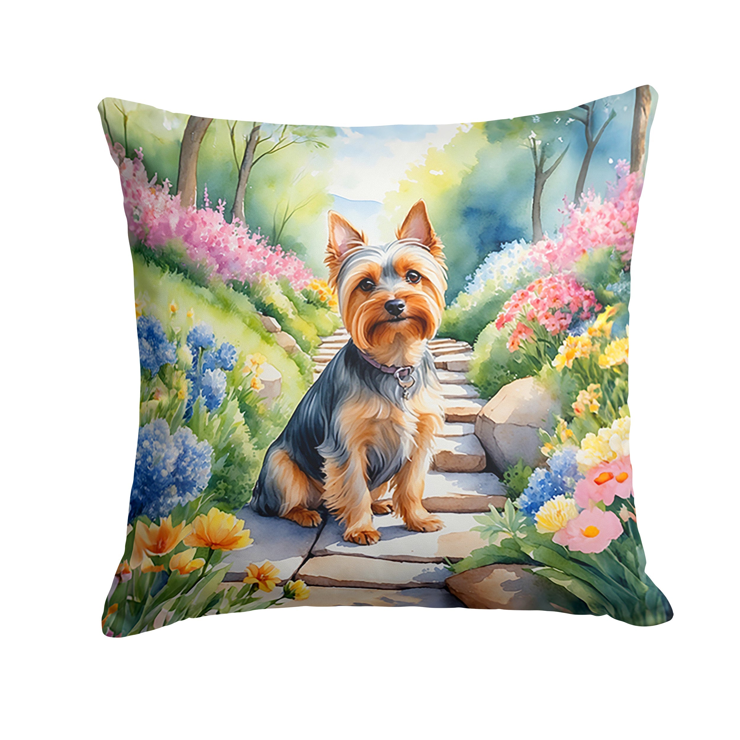 Silky Terrier Spring Path Decorative Throw Pillow 18x18 Indoor Outdoor Accent Cushion, Fabric Cover with Insert for Sofa, Bed, Porch & Living Room