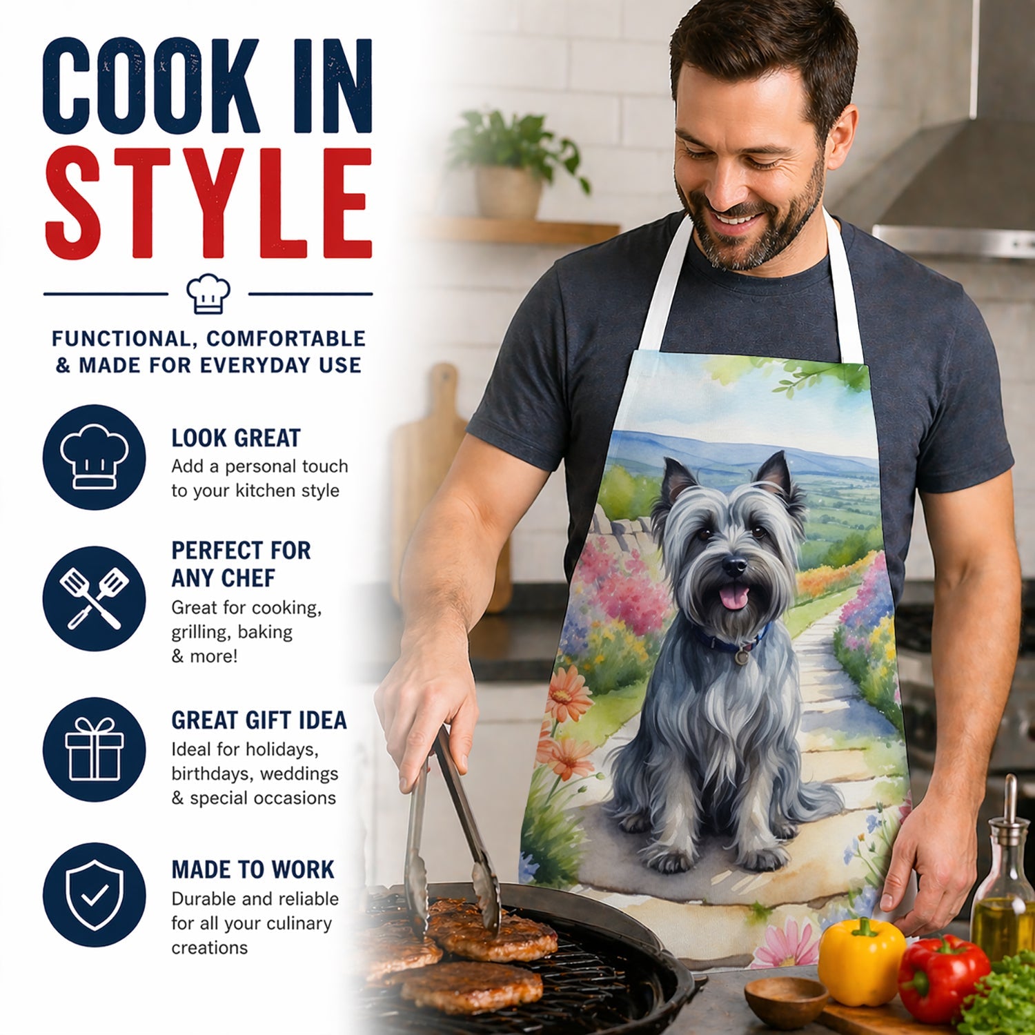 Skye Terrier Spring Path Apron Cooking Kitchen Server Baking Crafts Gardening for Adult Women Men, Unisex, Large, Multicolor