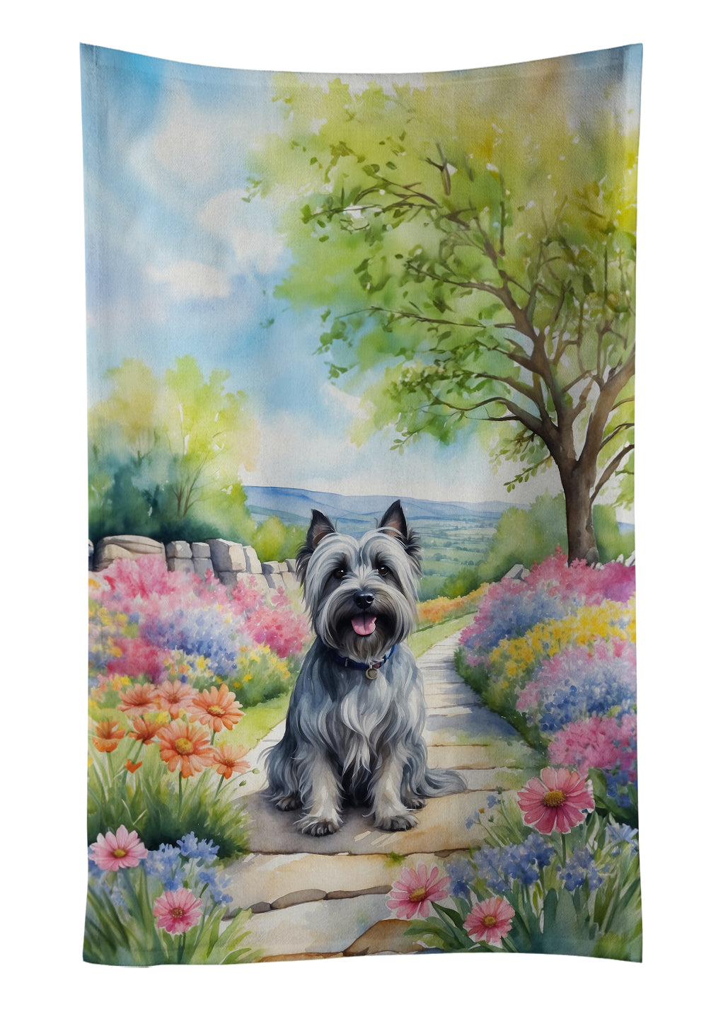 Skye Terrier Spring Path Kitchen Towel Velour Plush Front and Cotton Loop Back Machine Washable