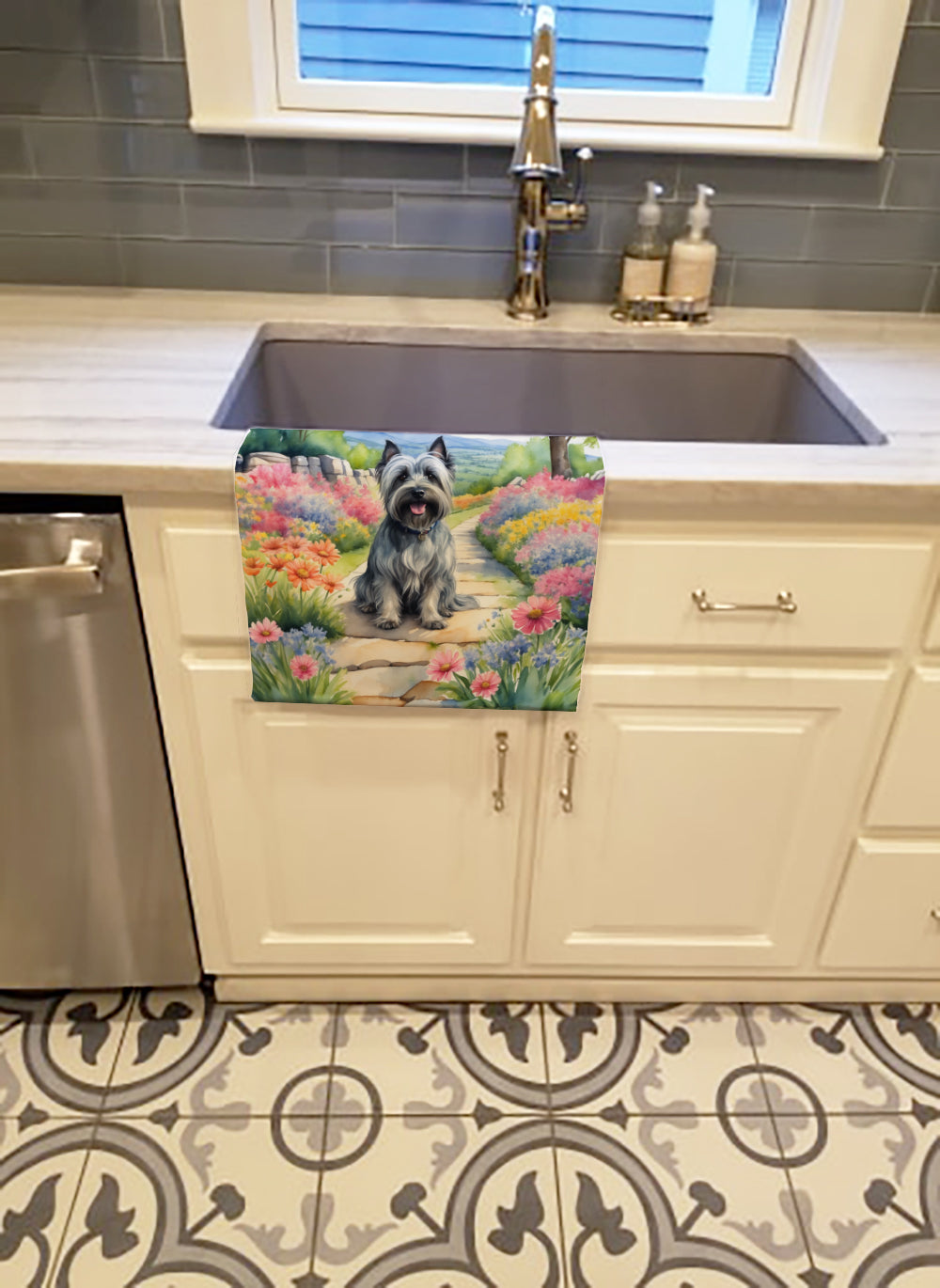 Skye Terrier Spring Path Kitchen Towel Velour Plush Front and Cotton Loop Back Machine Washable