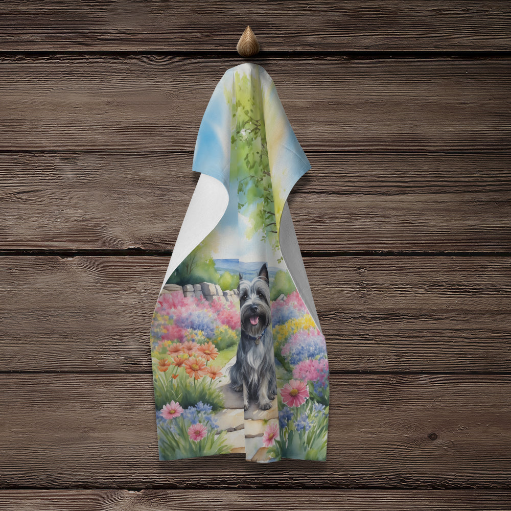 Skye Terrier Spring Path Kitchen Towel Velour Plush Front and Cotton Loop Back Machine Washable