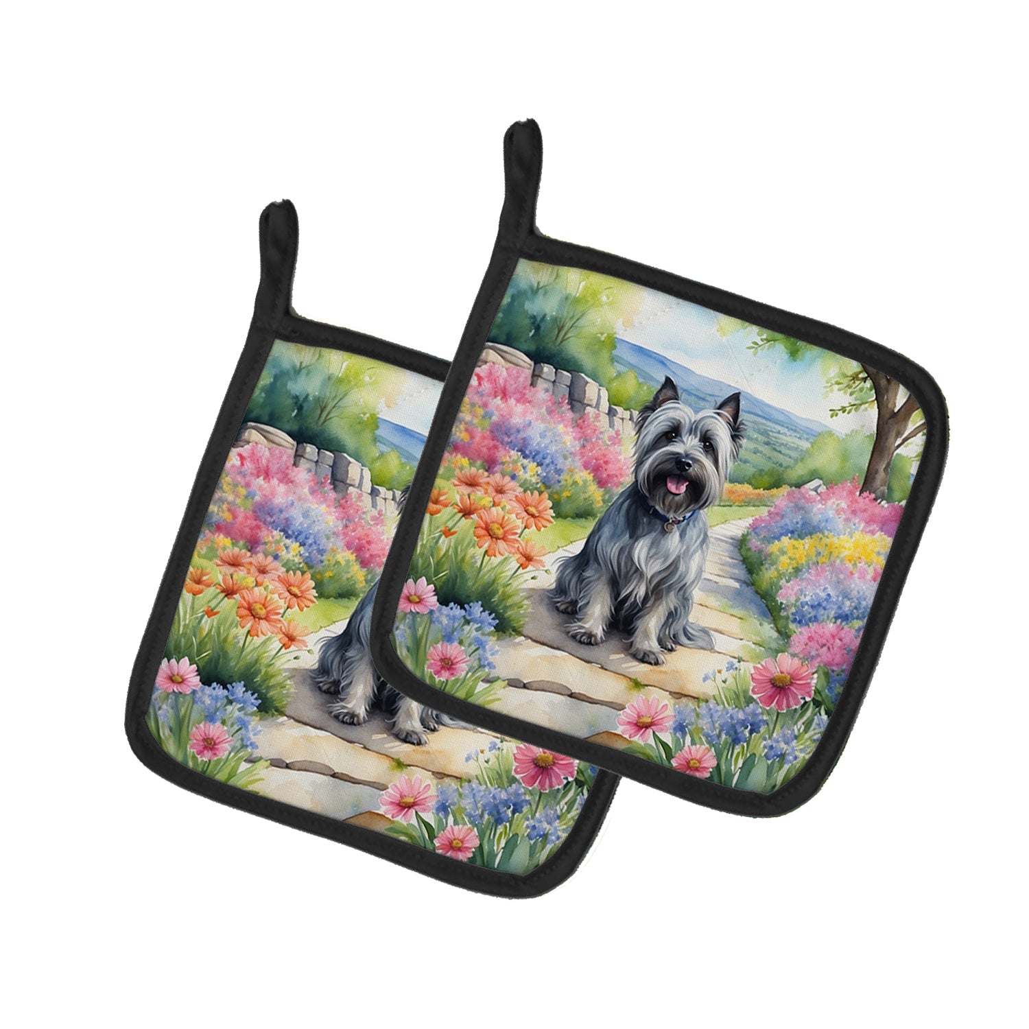 Skye Terrier Spring Path Pot Holder Set of 2 Heat Resistant Quilted Hot Pads 7.5 x 7.5 Inch, Insulated Kitchen Trivets for Cooking & Baking
