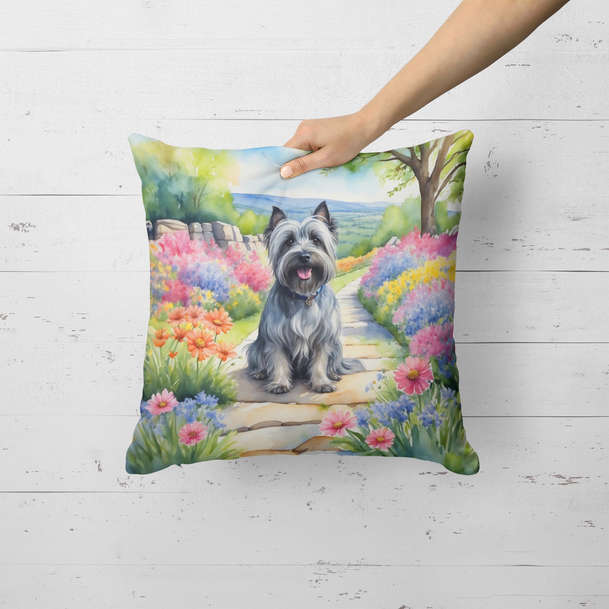 Skye Terrier Spring Path Decorative Throw Pillow 18x18 Indoor Outdoor Accent Cushion, Fabric Cover with Insert for Sofa, Bed, Porch & Living Room