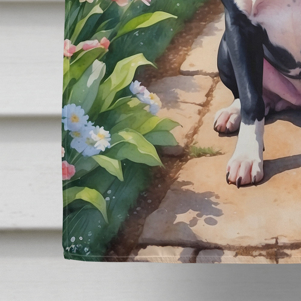 Staffordshire Bull Terrier Spring Path House Flag 28x40 Porch Sleeve Pole Decorative Outside Yard Banner Artwork Wall Hanging, Polyester