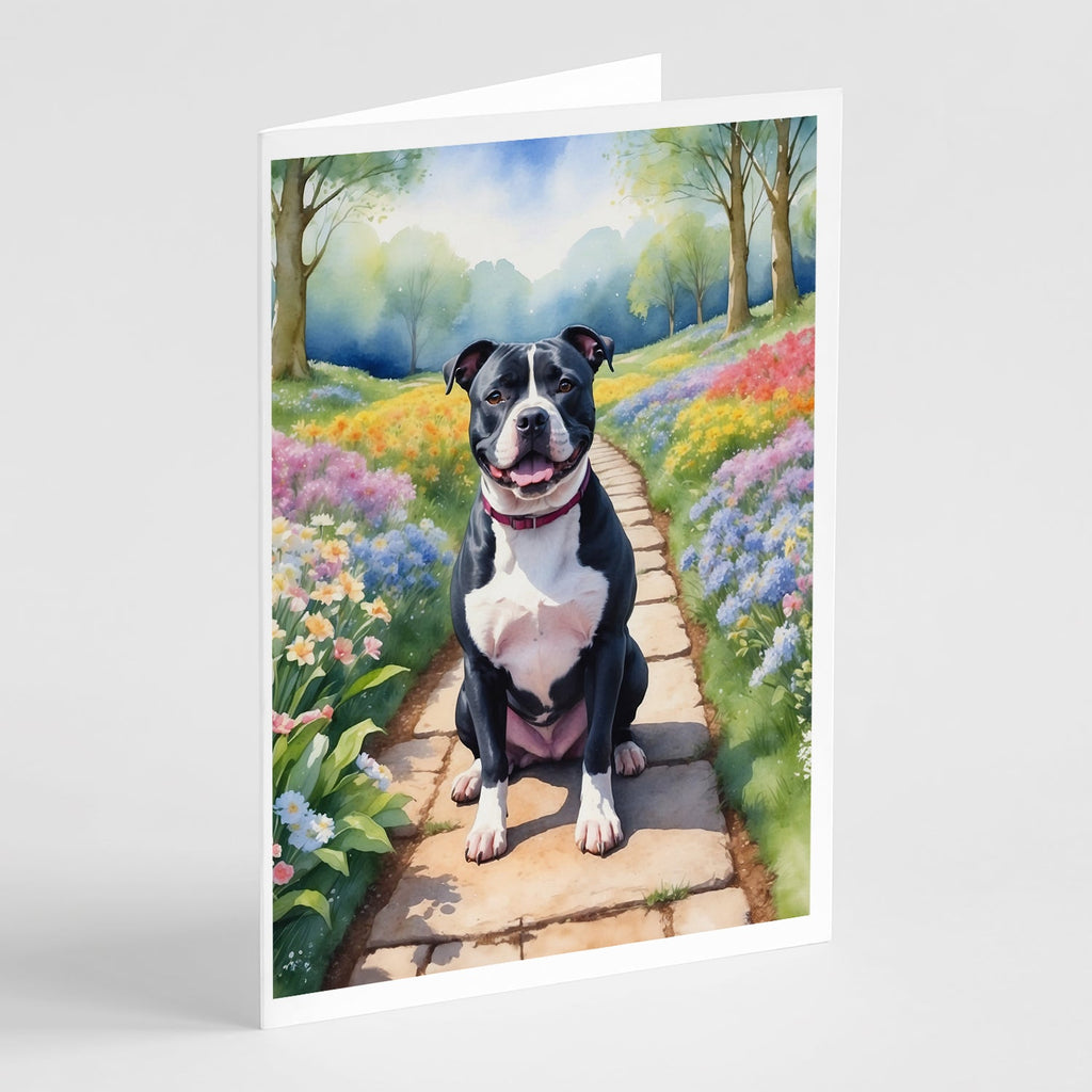 Staffordshire Bull Terrier Spring Path Greeting Cards Pack of 8 Blank Cards with Envelopes Whimsical A7 Size 5x7