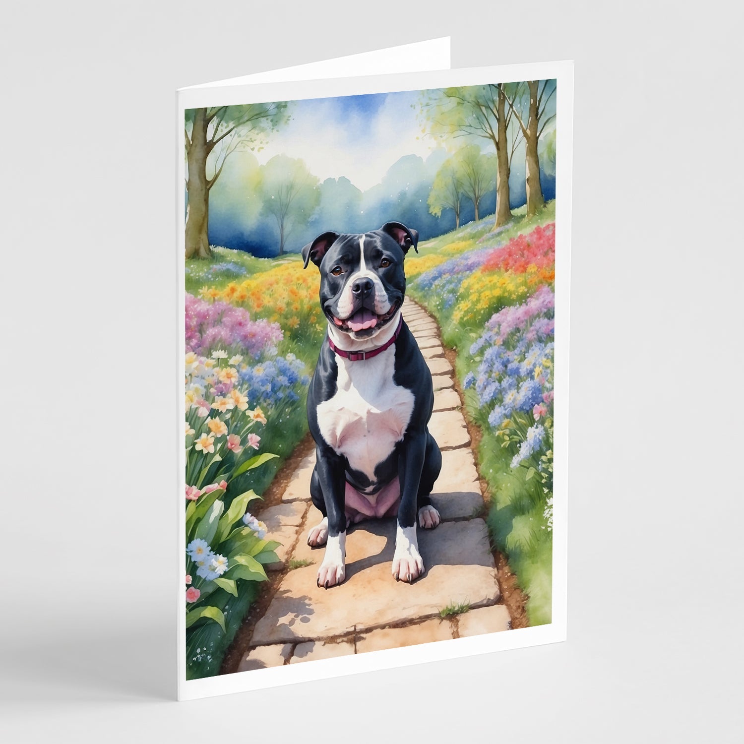 Staffordshire Bull Terrier Spring Path Greeting Cards Pack of 8 Blank Cards with Envelopes Whimsical A7 Size 5x7