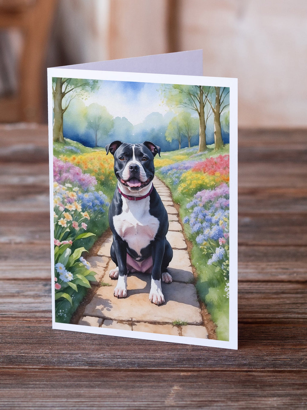 Staffordshire Bull Terrier Spring Path Greeting Cards Pack of 8 Blank Cards with Envelopes Whimsical A7 Size 5x7