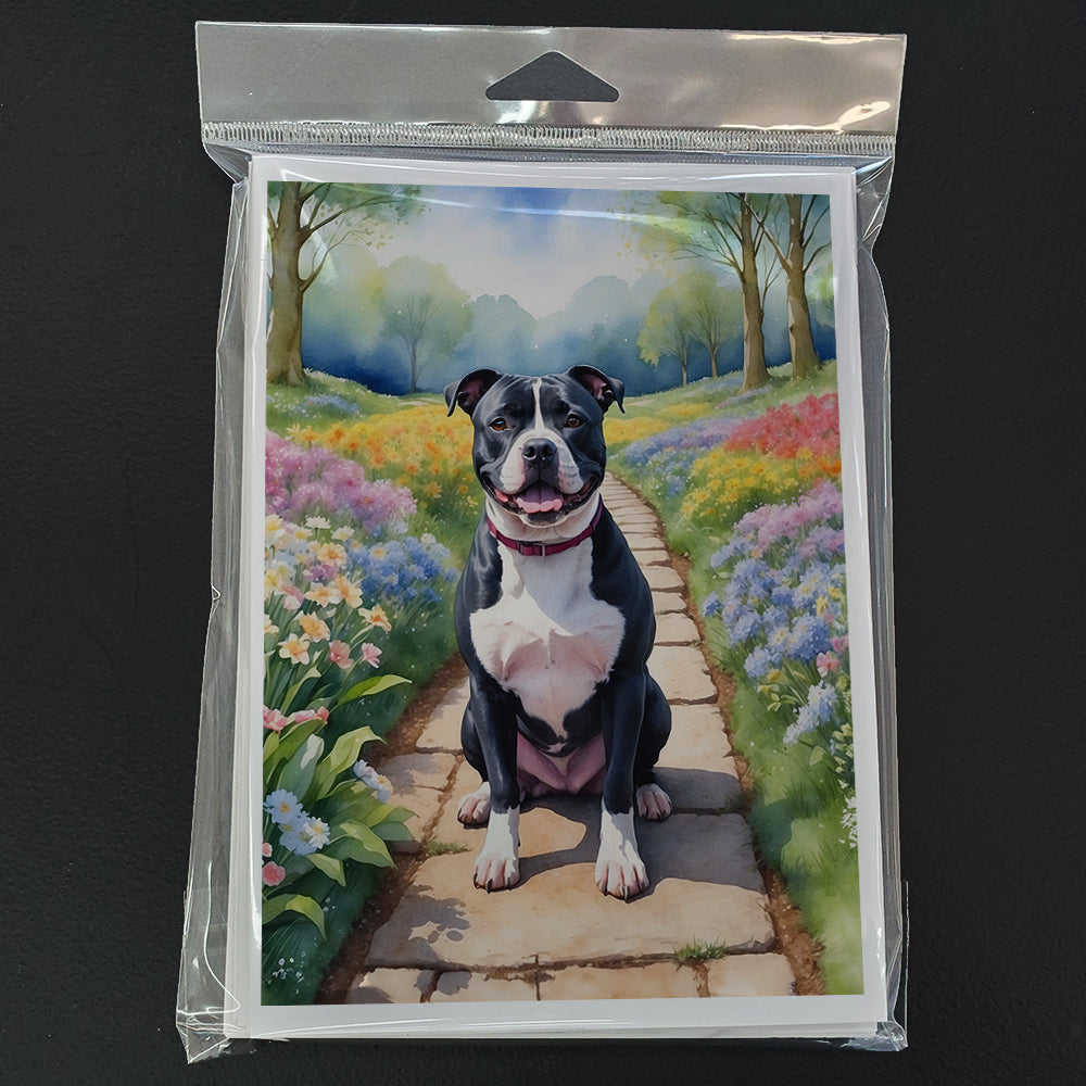Staffordshire Bull Terrier Spring Path Greeting Cards Pack of 8 Blank Cards with Envelopes Whimsical A7 Size 5x7