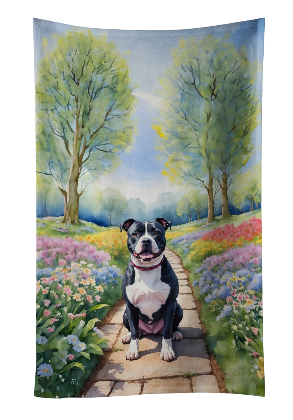 Staffordshire Bull Terrier Spring Path Kitchen Towel Velour Plush Front and Cotton Loop Back Machine Washable