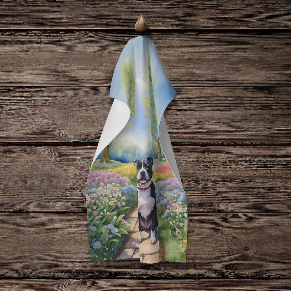 Staffordshire Bull Terrier Spring Path Kitchen Towel Velour Plush Front and Cotton Loop Back Machine Washable