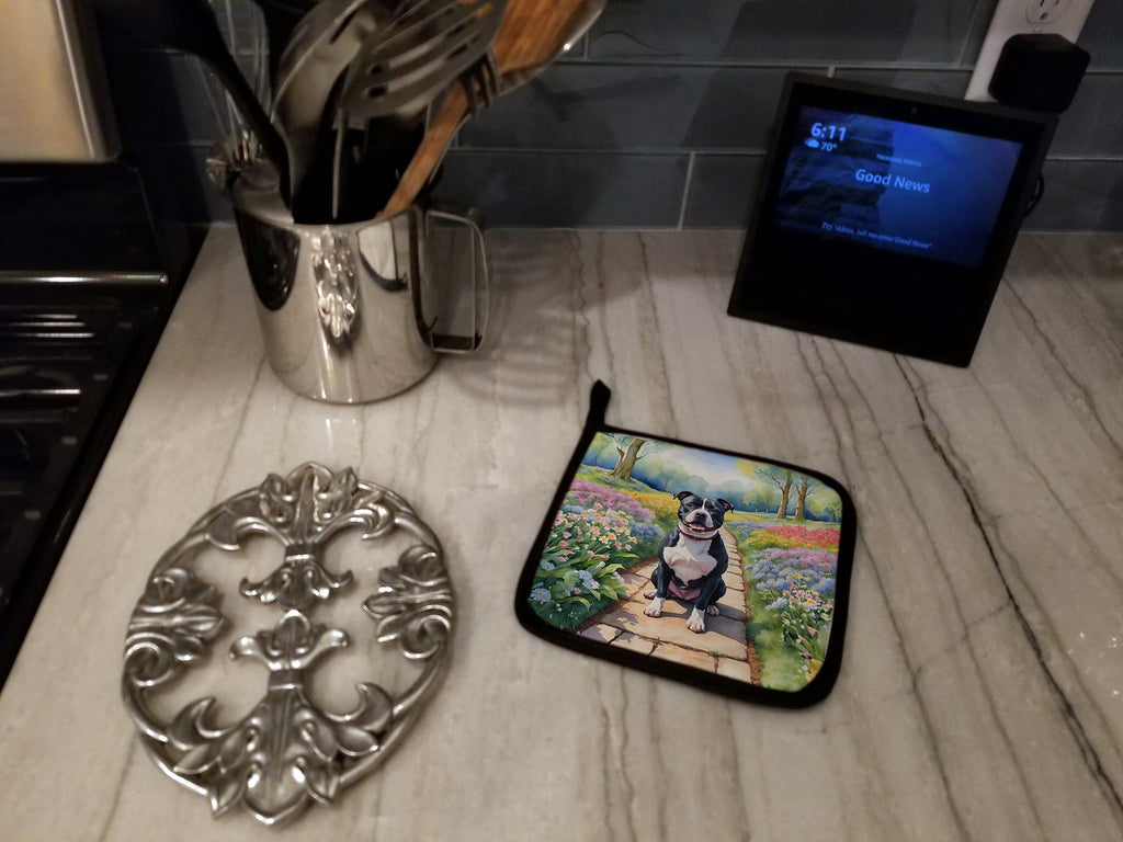 Staffordshire Bull Terrier Spring Path Pot Holder Set of 2 Heat Resistant Quilted Hot Pads 7.5 x 7.5 Inch, Insulated Kitchen Trivets for Cooking & Baking