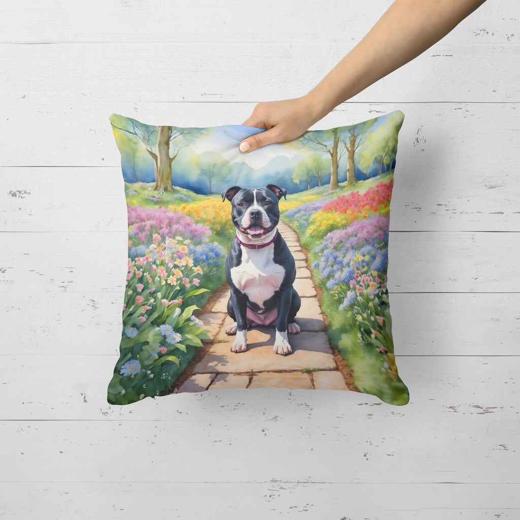 Staffordshire Bull Terrier Spring Path Decorative Throw Pillow 18x18 Indoor Outdoor Accent Cushion, Fabric Cover with Insert for Sofa, Bed, Porch & Living Room