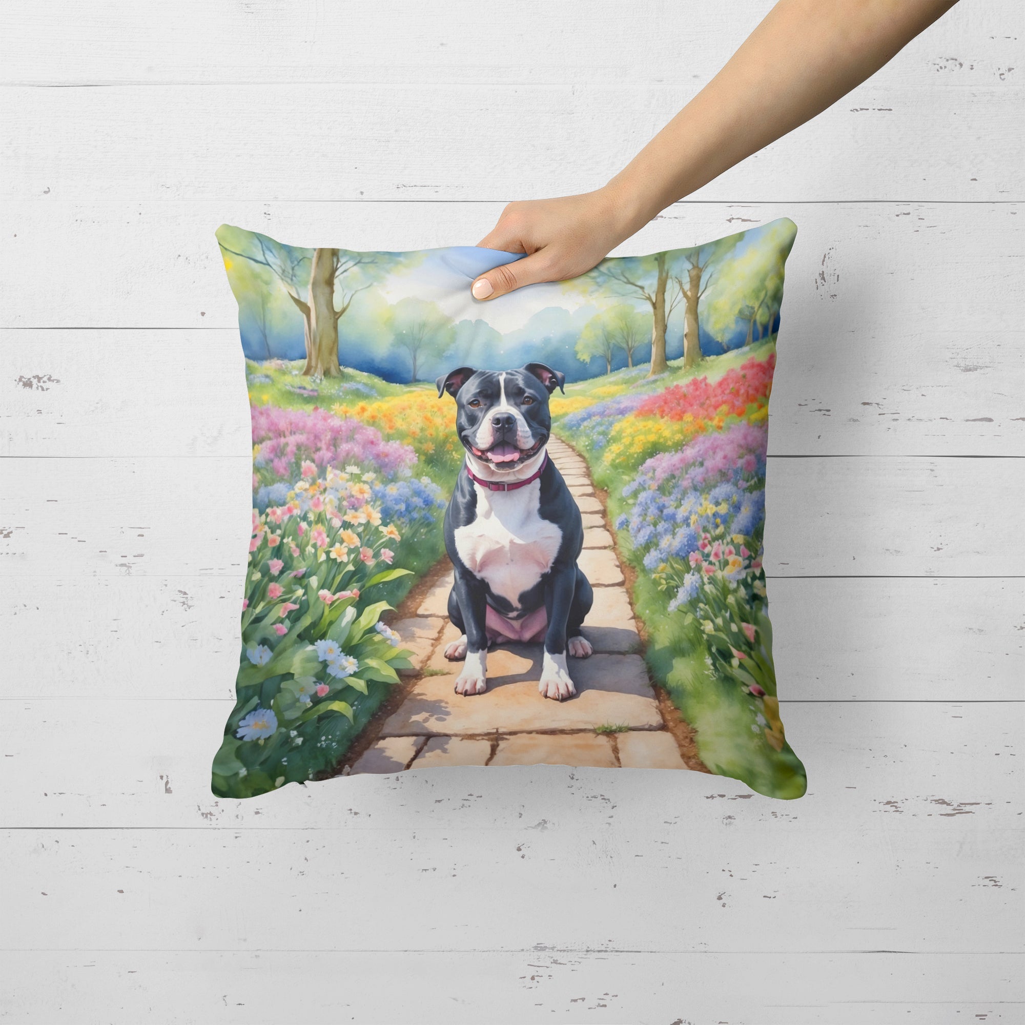 Staffordshire Bull Terrier Spring Path Decorative Throw Pillow 18x18 Indoor Outdoor Accent Cushion, Fabric Cover with Insert for Sofa, Bed, Porch & Living Room