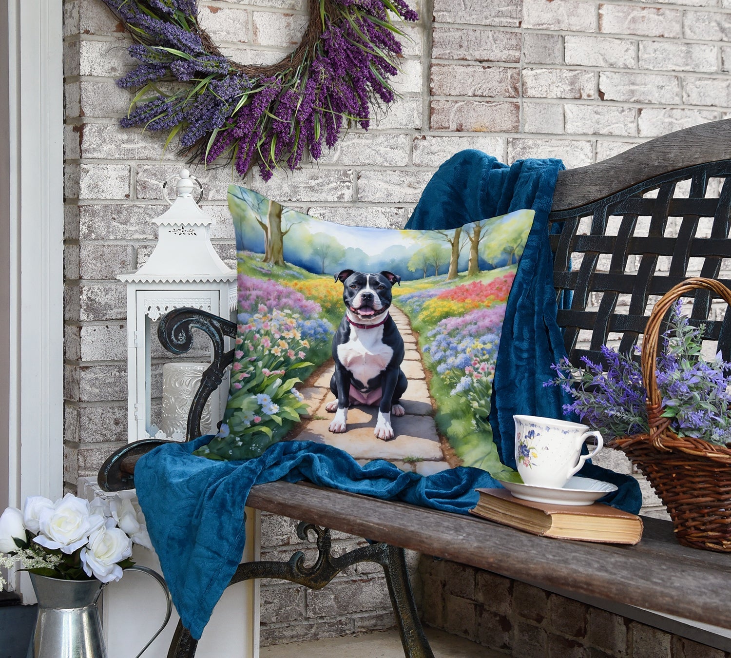 Staffordshire Bull Terrier Spring Path Decorative Throw Pillow 18x18 Indoor Outdoor Accent Cushion, Fabric Cover with Insert for Sofa, Bed, Porch & Living Room