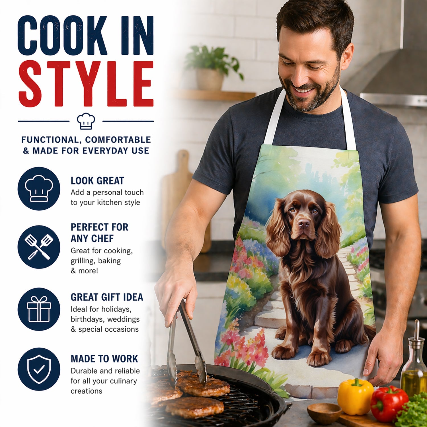 Sussex Spaniel Spring Path Apron Cooking Kitchen Server Baking Crafts Gardening for Adult Women Men, Unisex, Large, Multicolor