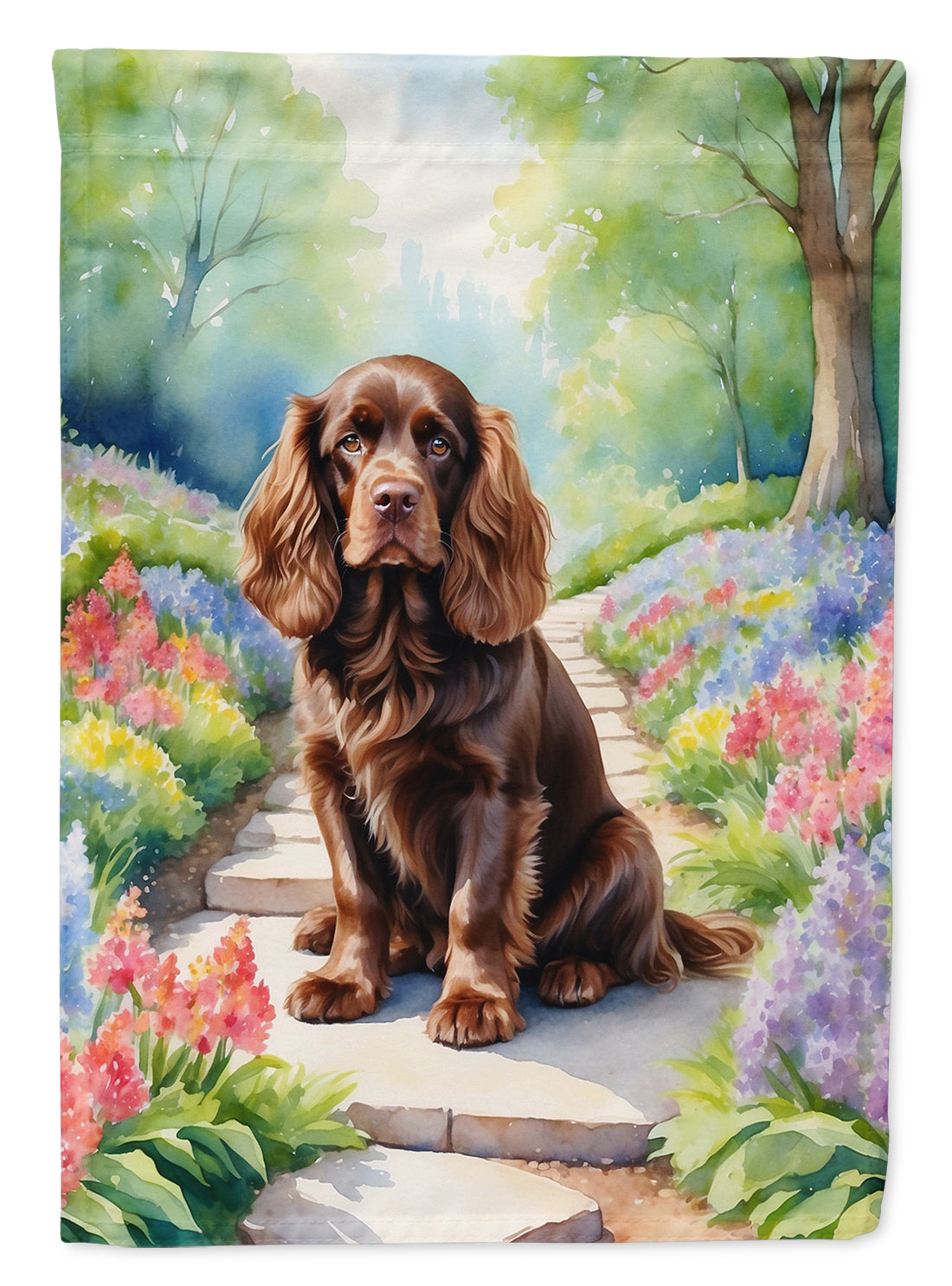 Sussex Spaniel Spring Path House Flag 28x40 Porch Sleeve Pole Decorative Outside Yard Banner Artwork Wall Hanging, Polyester
