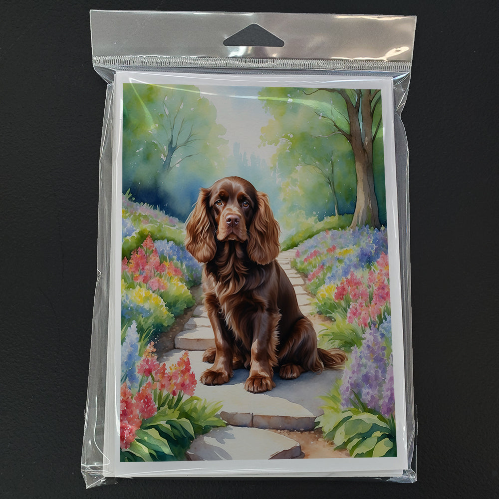 Sussex Spaniel Spring Path Greeting Cards Pack of 8 Blank Cards with Envelopes Whimsical A7 Size 5x7