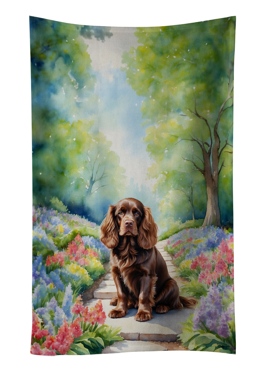Sussex Spaniel Spring Path Kitchen Towel Velour Plush Front and Cotton Loop Back Machine Washable