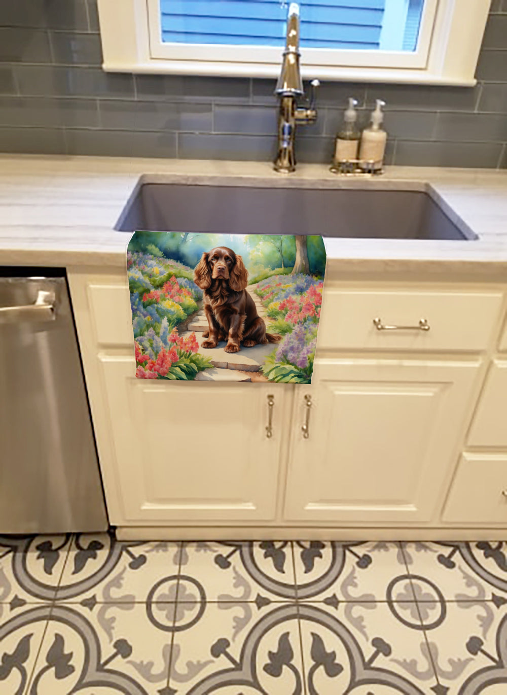 Sussex Spaniel Spring Path Kitchen Towel Velour Plush Front and Cotton Loop Back Machine Washable