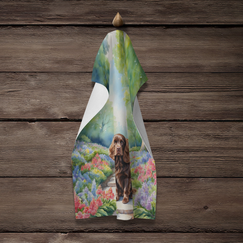 Sussex Spaniel Spring Path Kitchen Towel Velour Plush Front and Cotton Loop Back Machine Washable