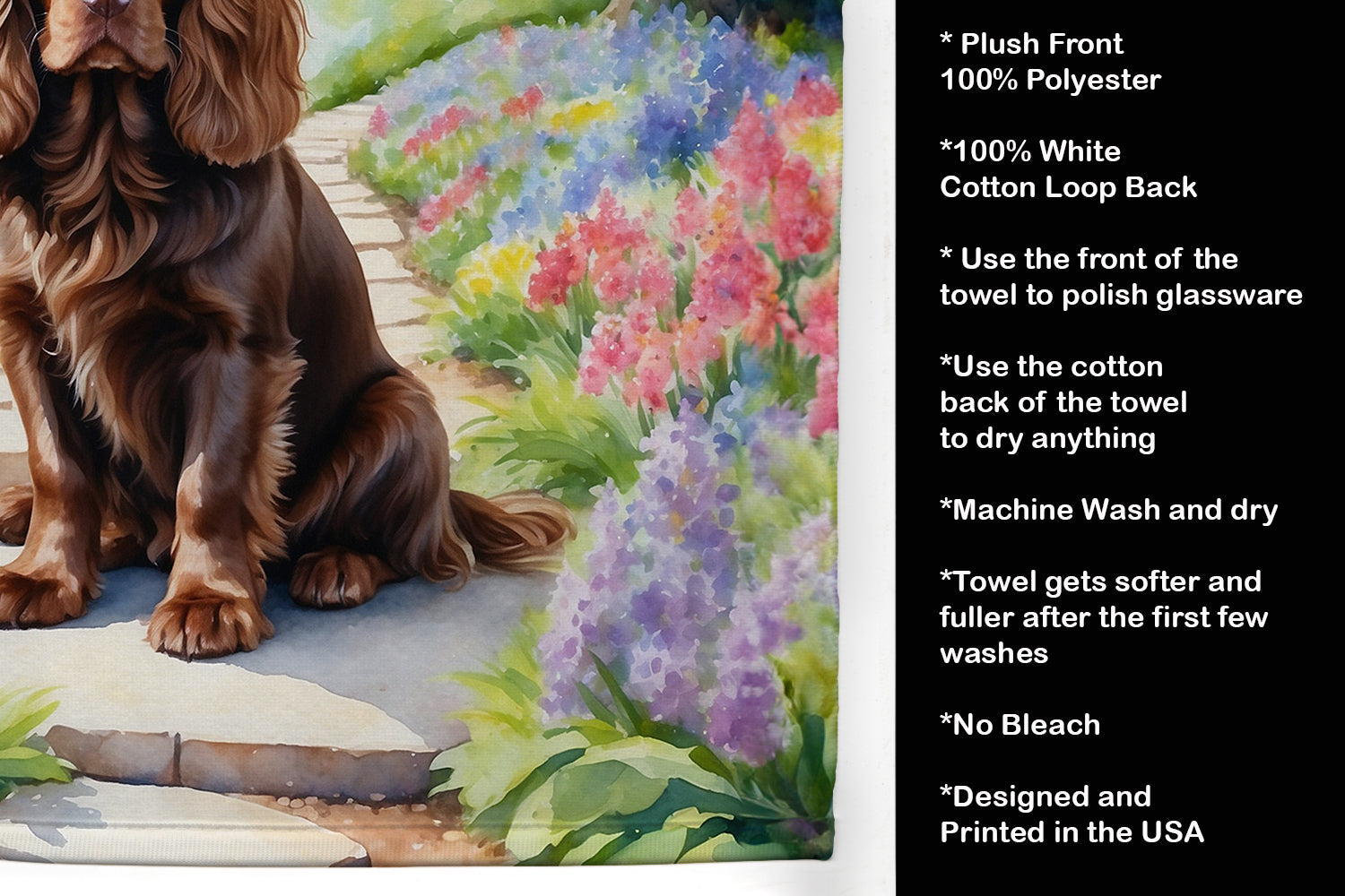 Sussex Spaniel Spring Path Kitchen Towel Velour Plush Front and Cotton Loop Back Machine Washable
