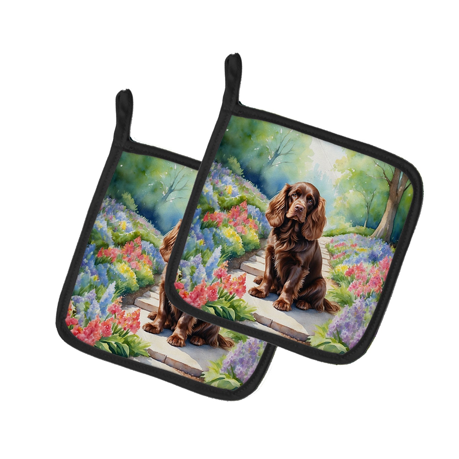 Sussex Spaniel Spring Path Pot Holder Set of 2 Heat Resistant Quilted Hot Pads 7.5 x 7.5 Inch, Insulated Kitchen Trivets for Cooking & Baking