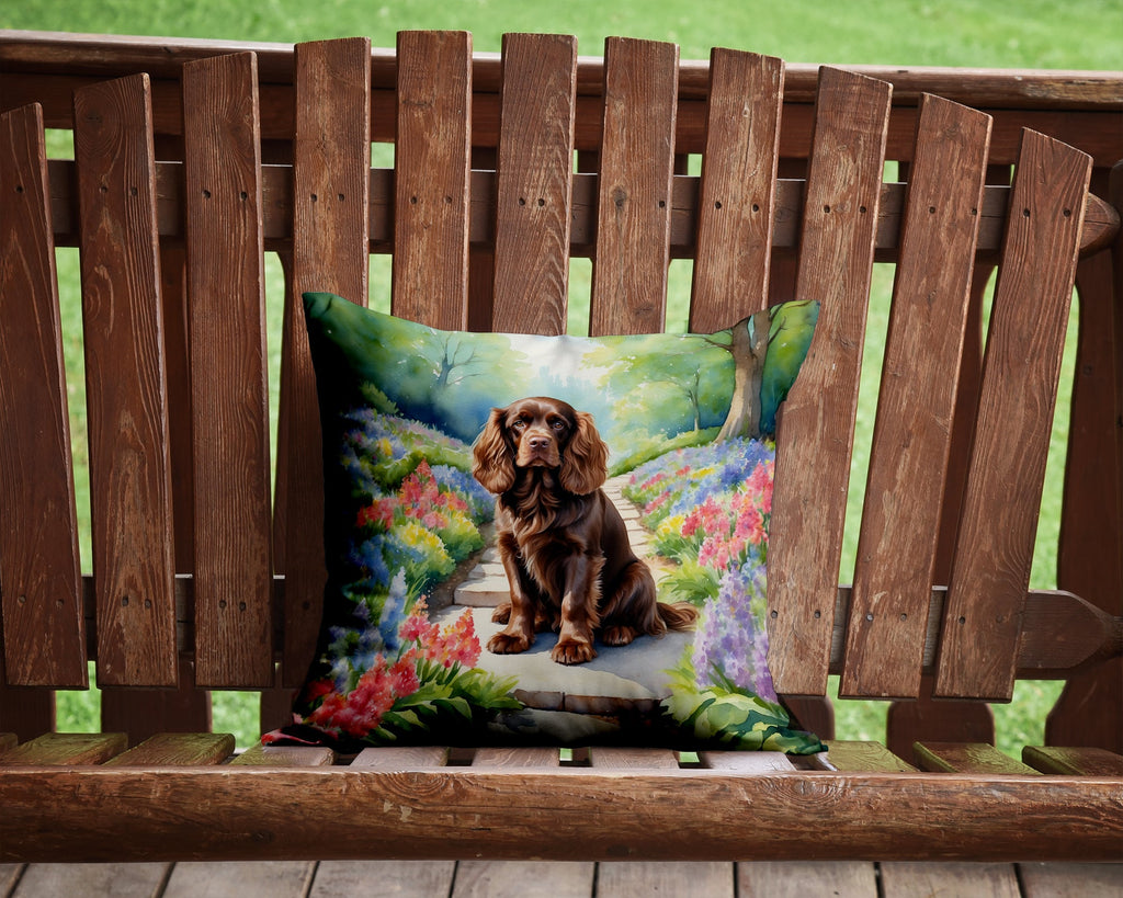 Sussex Spaniel Spring Path Decorative Throw Pillow 14x14 Indoor Outdoor Accent Cushion, Fabric Cover with Insert for Sofa, Bed, Porch & Living Room