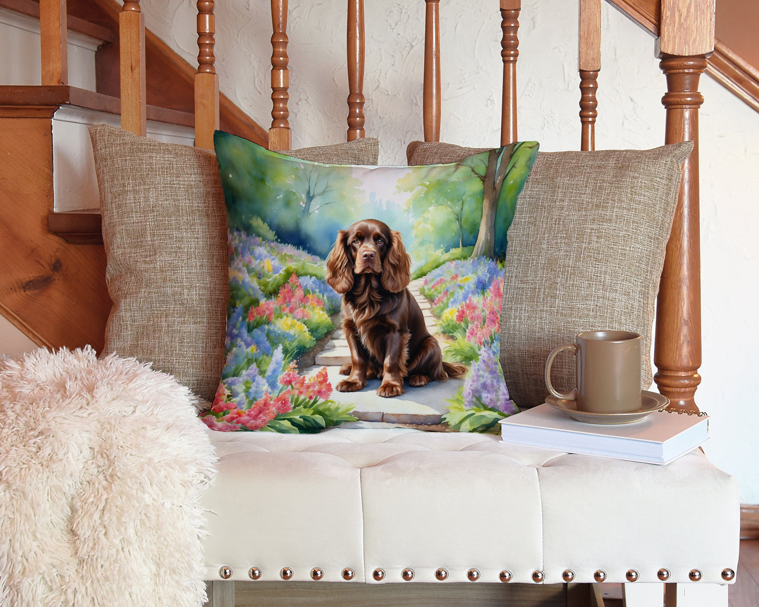 Sussex Spaniel Spring Path Decorative Throw Pillow 14x14 Indoor Outdoor Accent Cushion, Fabric Cover with Insert for Sofa, Bed, Porch & Living Room