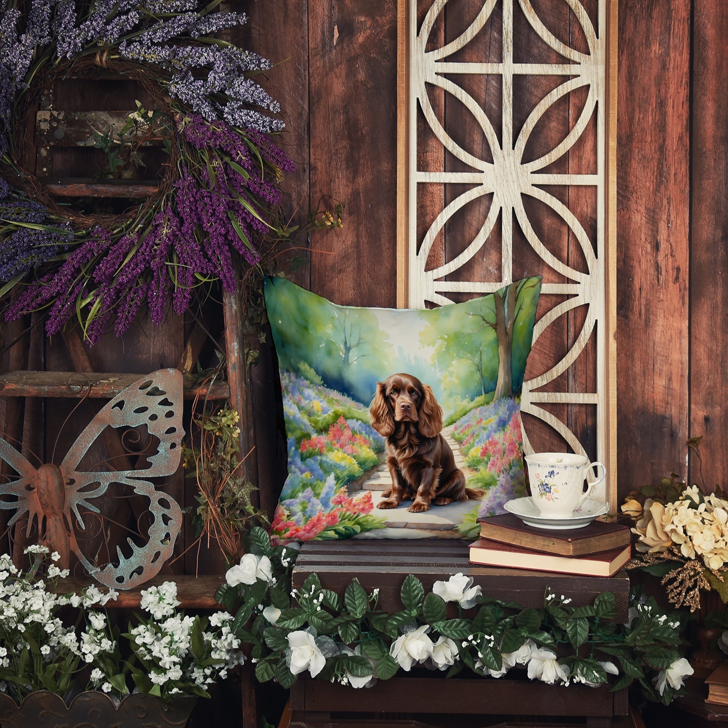 Sussex Spaniel Spring Path Decorative Throw Pillow 14x14 Indoor Outdoor Accent Cushion, Fabric Cover with Insert for Sofa, Bed, Porch & Living Room