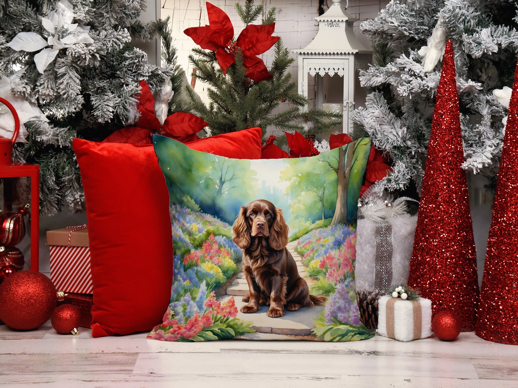 Sussex Spaniel Spring Path Decorative Throw Pillow 14x14 Indoor Outdoor Accent Cushion, Fabric Cover with Insert for Sofa, Bed, Porch & Living Room