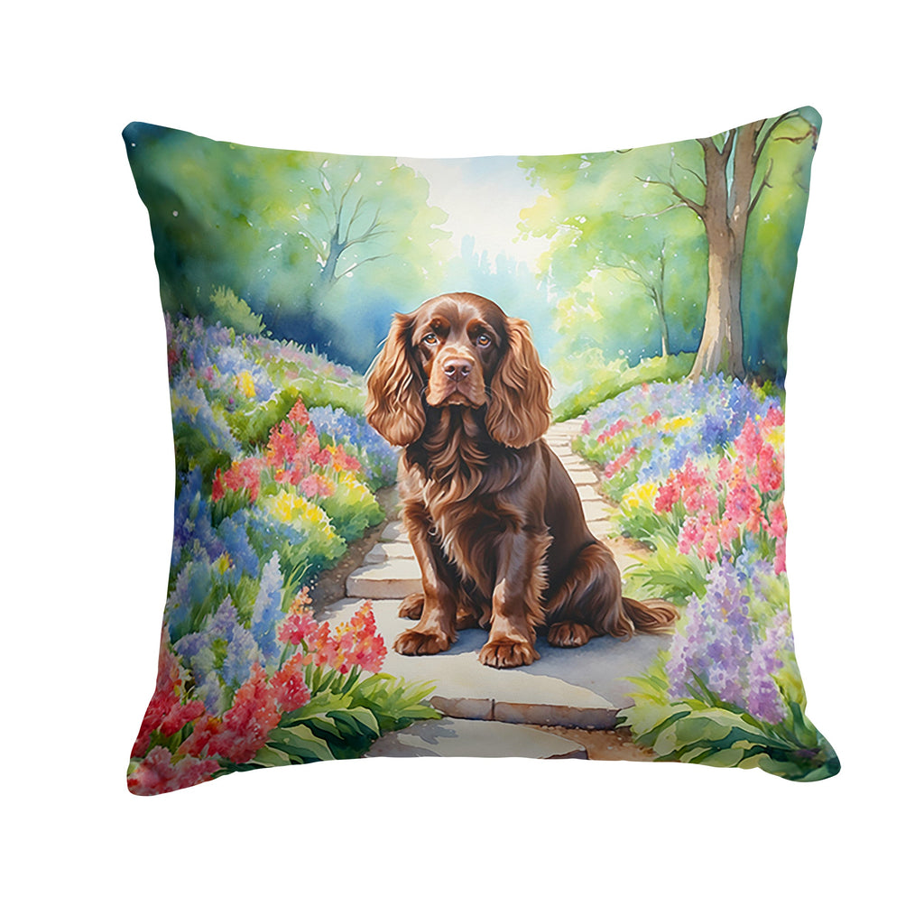 Sussex Spaniel Spring Path Decorative Throw Pillow 18x18 Indoor Outdoor Accent Cushion, Fabric Cover with Insert for Sofa, Bed, Porch & Living Room