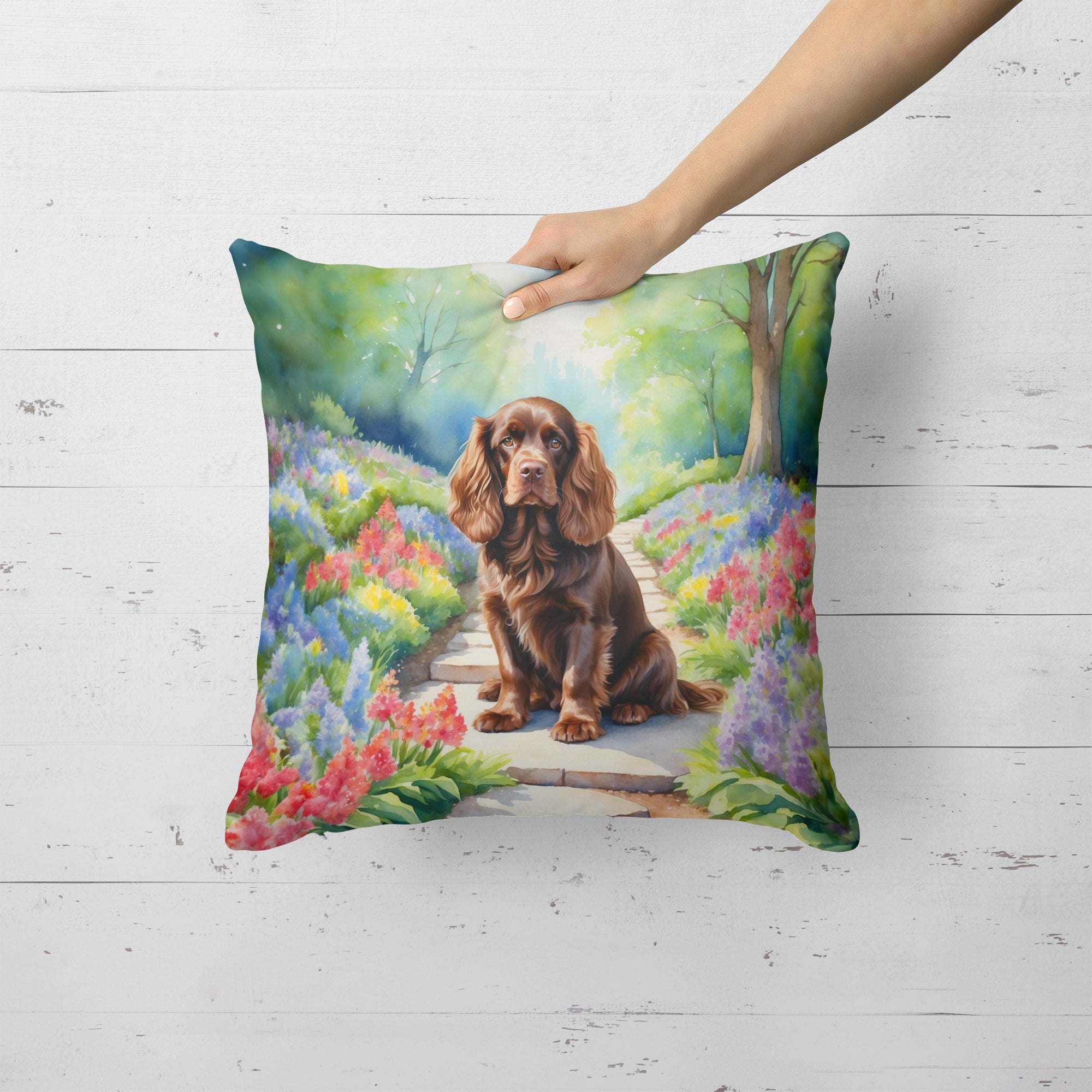 Sussex Spaniel Spring Path Decorative Throw Pillow 18x18 Indoor Outdoor Accent Cushion, Fabric Cover with Insert for Sofa, Bed, Porch & Living Room