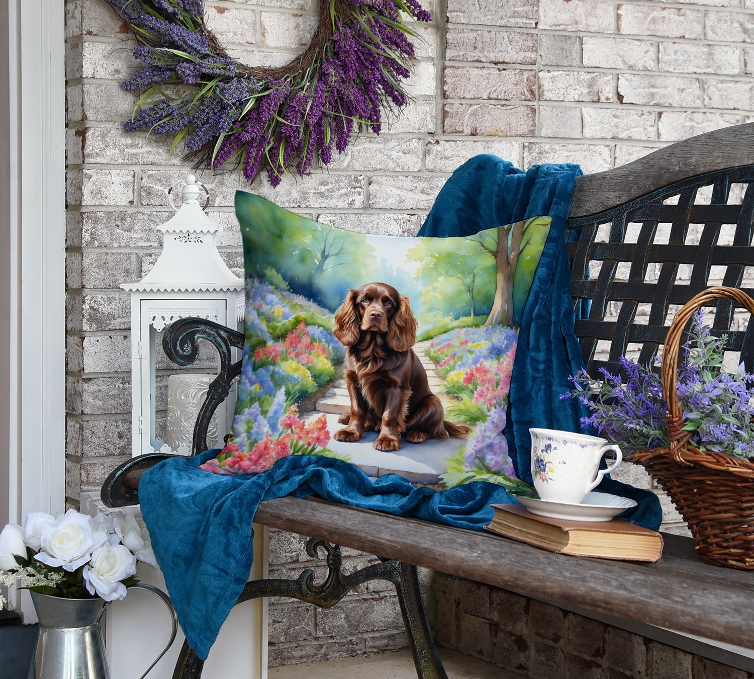 Sussex Spaniel Spring Path Decorative Throw Pillow 18x18 Indoor Outdoor Accent Cushion, Fabric Cover with Insert for Sofa, Bed, Porch & Living Room