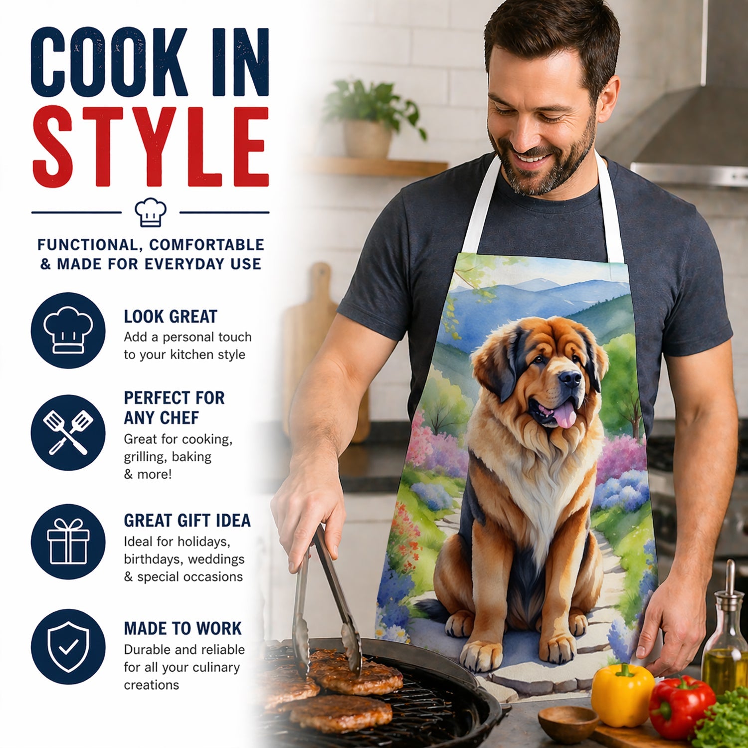 Tibetan Mastiff Spring Path Apron Cooking Kitchen Server Baking Crafts Gardening for Adult Women Men, Unisex, Large, Multicolor
