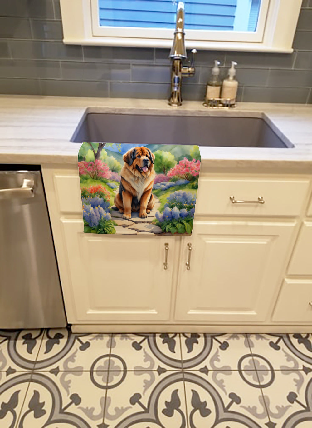 Tibetan Mastiff Spring Path Kitchen Towel Velour Plush Front and Cotton Loop Back Machine Washable