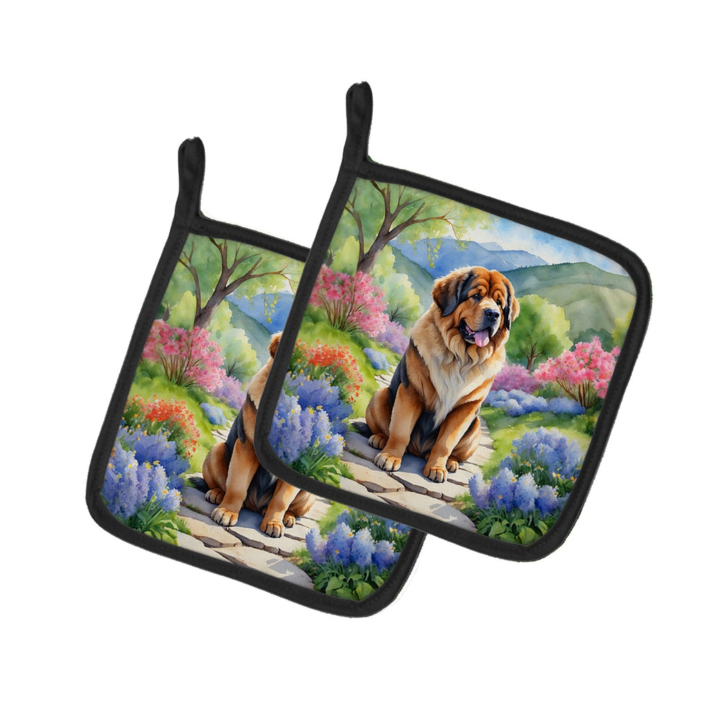 Tibetan Mastiff Spring Path Pot Holder Set of 2 Heat Resistant Quilted Hot Pads 7.5 x 7.5 Inch, Insulated Kitchen Trivets for Cooking & Baking