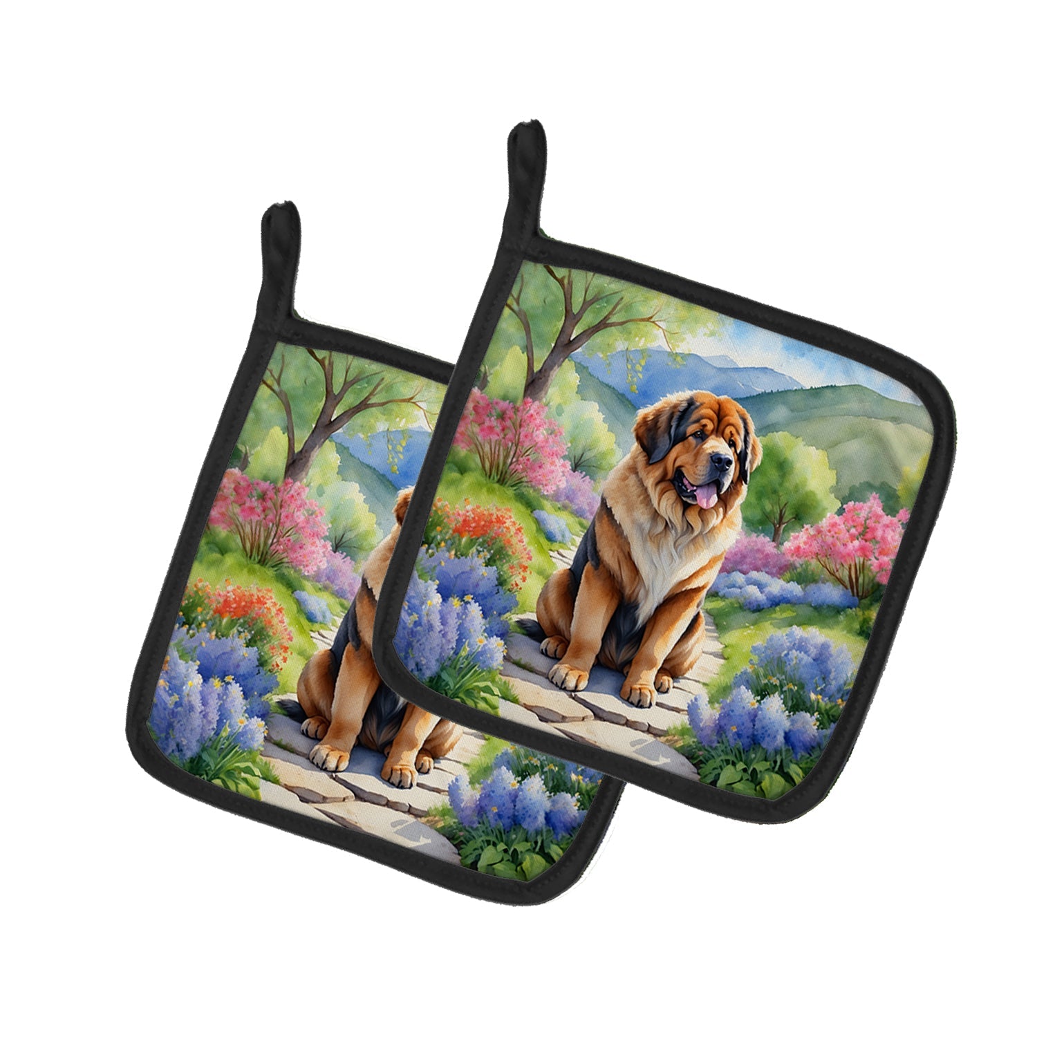 Tibetan Mastiff Spring Path Pot Holder Set of 2 Heat Resistant Quilted Hot Pads 7.5 x 7.5 Inch, Insulated Kitchen Trivets for Cooking & Baking