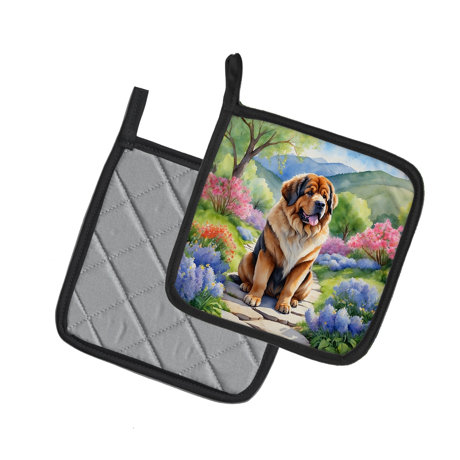 Tibetan Mastiff Spring Path Pot Holder Set of 2 Heat Resistant Quilted Hot Pads 7.5 x 7.5 Inch, Insulated Kitchen Trivets for Cooking & Baking